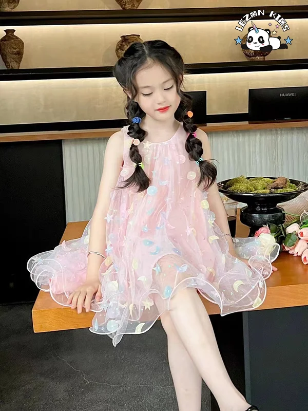 LEZONKIDS - 2024 New Fashion Summer Sleeveless Girls Dresses 2-12 Children Clothing Tulle Frocks Girls